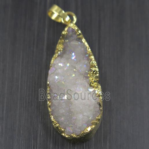 white AB-color Druzy Quartz pendant, teardrop, gold plated