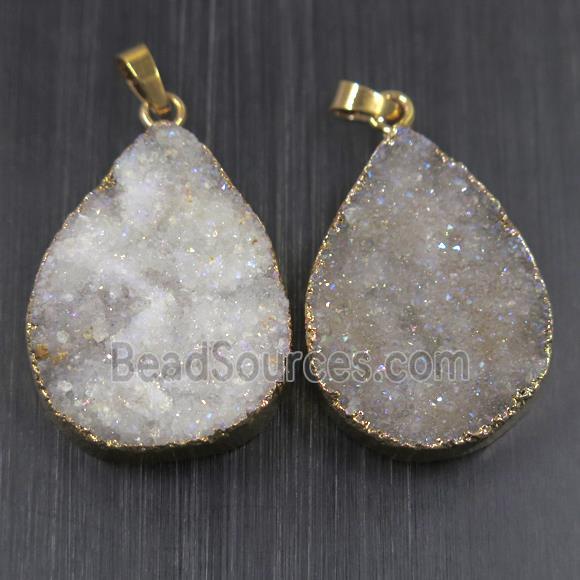 white AB-color Druzy Quartz pendant, teardrop, gold plated