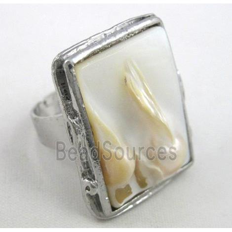 mother of pearl ring, adjustable, copper, platinum plated