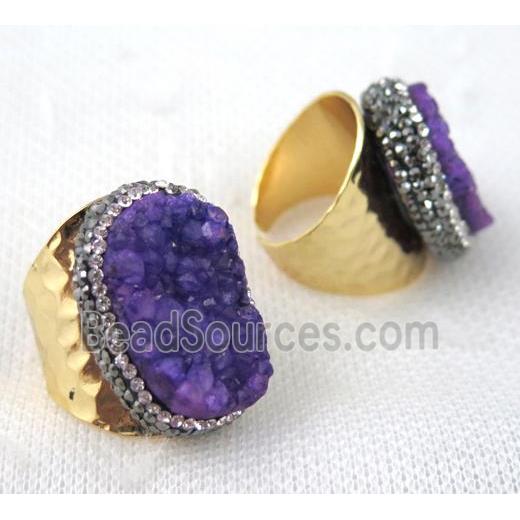 purple druzy quartz ring pave rhinestone, copper, gold plated