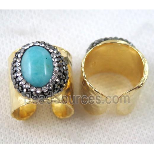 Amazonite Ring pave rhinestone, copper, gold plated