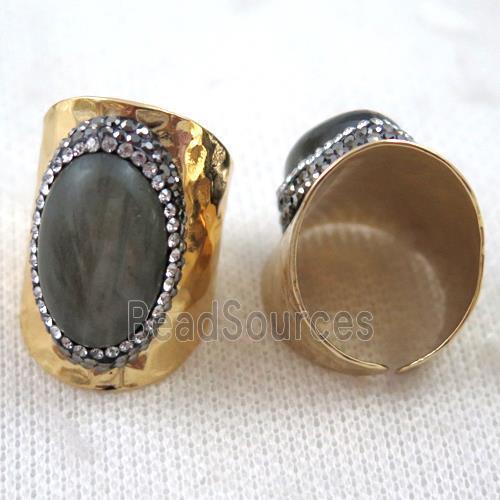 oval labradorite ring paved rhinestone, copper, gold plated