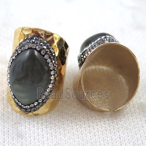 horse-eye labradorite ring paved rhinestone, copper, gold plated