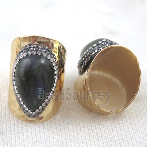 teardrop labradorite ring paved rhinestone, copper, gold plated