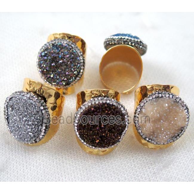 mixed Agate druzy Ring paved rhinestone, copper, gold plated