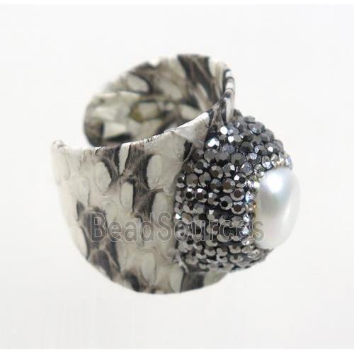 white freshwater pearl pave rhinestone, snakeskin alloy ring