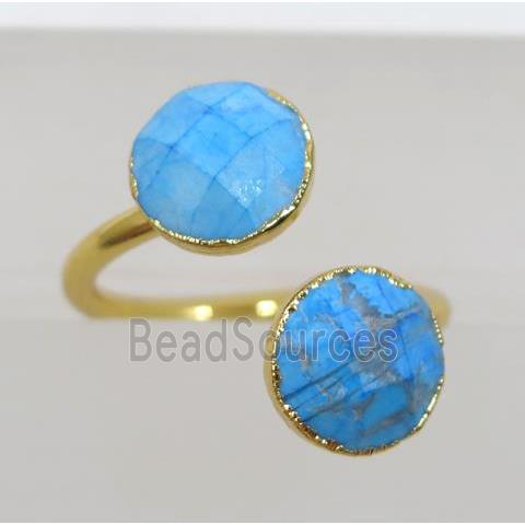 blue truquoise ring, faceted flatround, gold plated