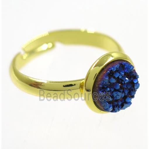 blue druzy agate ring, copper, gold palted