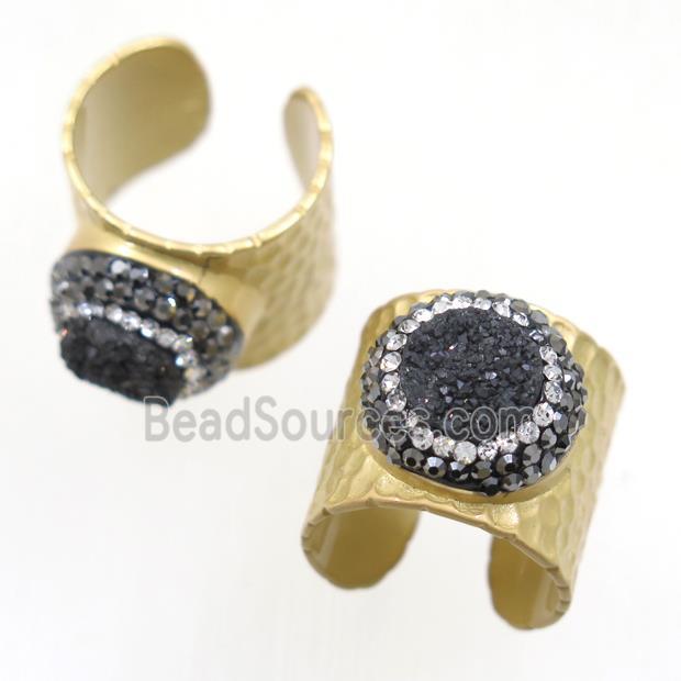 black Druzy Quartz Copper Ring pave rhinestone, duck gold