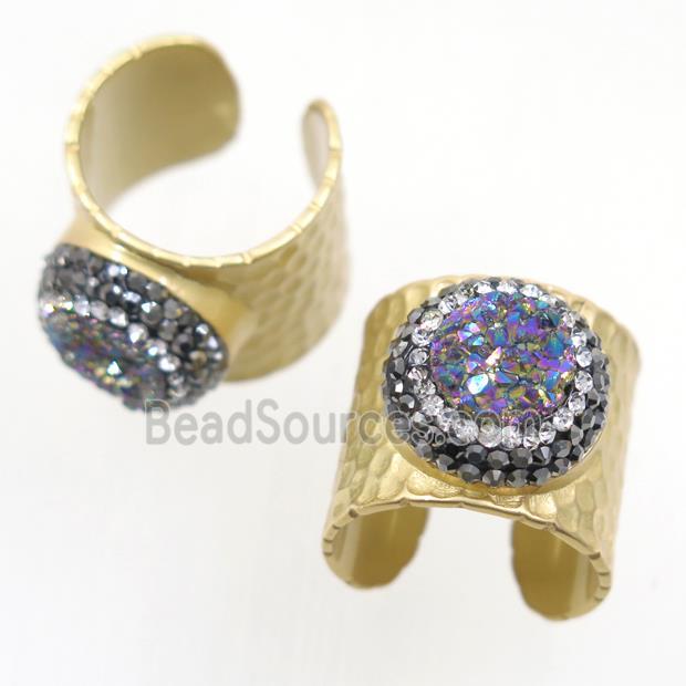 rainbow Druzy Quartz Copper Ring pave rhinestone, duck gold