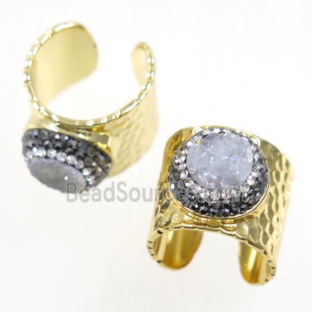 white Druzy Quartz Copper Ring pave rhinestone, gold plated