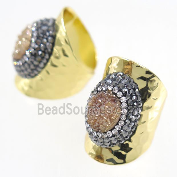 champagne Druzy Quartz Copper Ring pave rhineston, gold plated