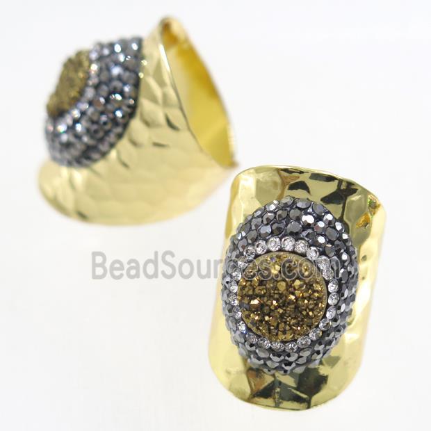 golden Druzy Quartz Copper Ring pave rhineston, gold plated