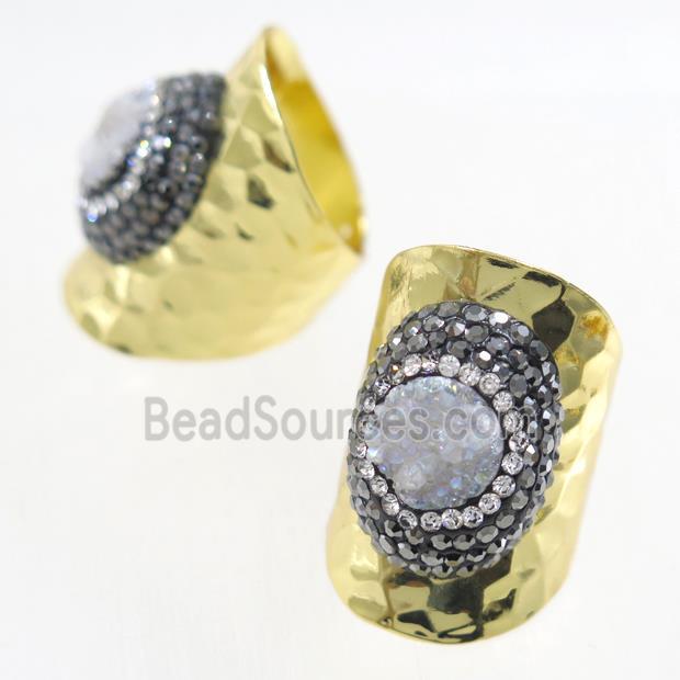 white Druzy Quartz Copper Ring pave rhineston, gold plated