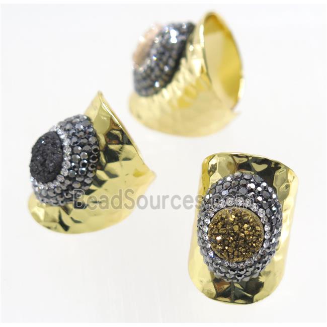 Druzy Quartz Copper Ring pave rhineston, mix color, gold plated