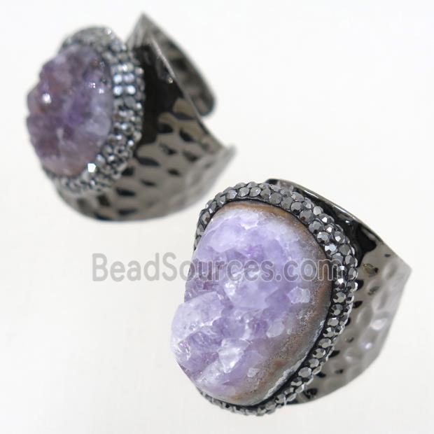 Druzy Amethyst copper Ring paved rhinestone, black plated