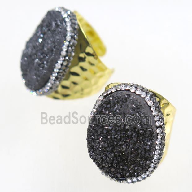 black Druzy Quartz copper Ring paved rhinestone, gold plated