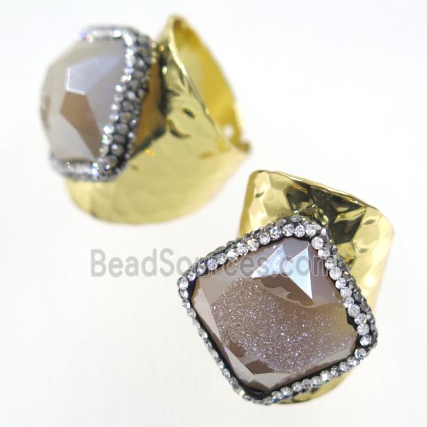 champagne Druzy Agate geode copper Ring pave rhinestone, gold plated