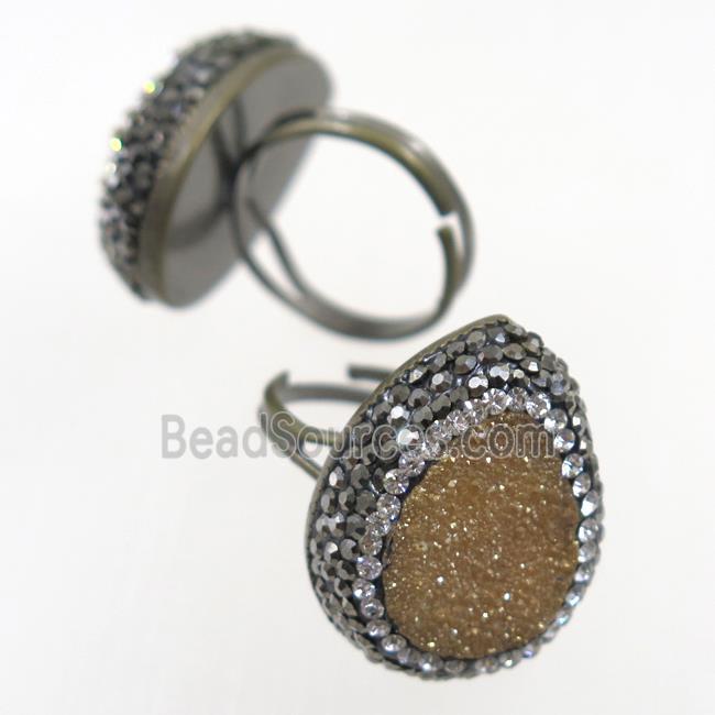 gold champagne Quartz Druzy Ring paved rhinestone, teardrop