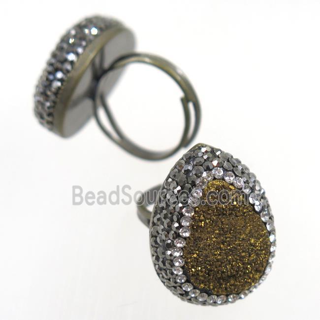 golden Quartz Druzy Ring paved rhinestone, teardrop