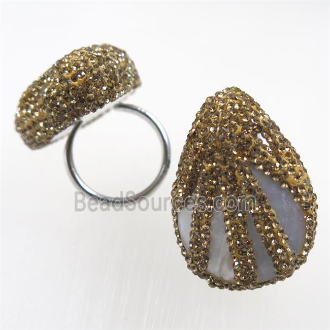 white freshwater Shell ring paved yellow rhinestone, teardrop