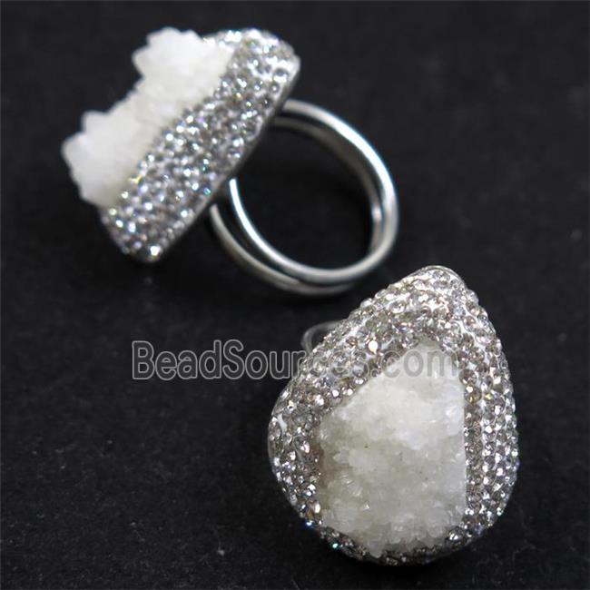 white Quartz Druzy ring paved rhinestone