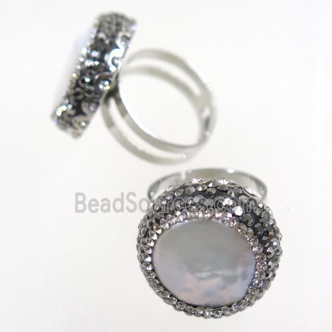 freshwater Pearl ring paved rhinestone