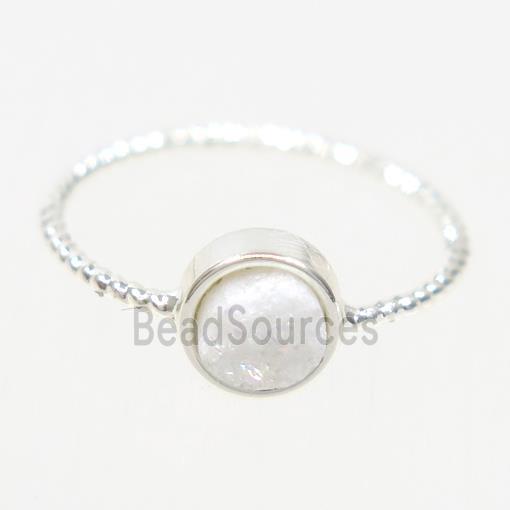 white ab-color druzy quartz ring, flat circle, silver plated