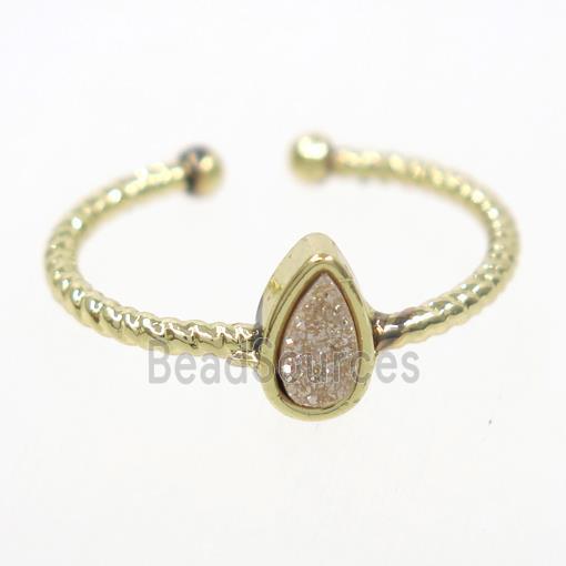 gold champagne druzy quartz ring, teardrop, gold plated