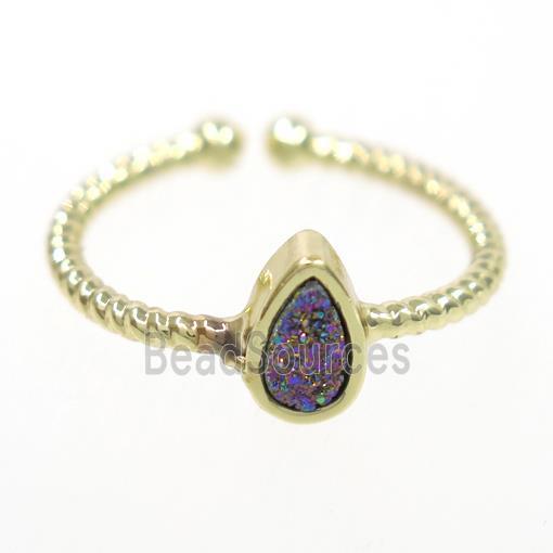 rainbow druzy quartz ring, teardrop, gold plated