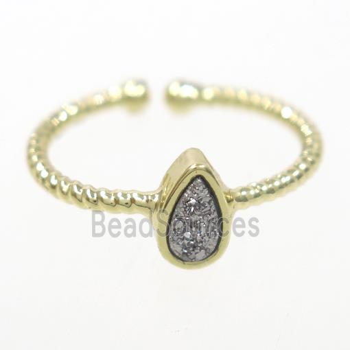 silver druzy quartz ring, teardrop, gold plated