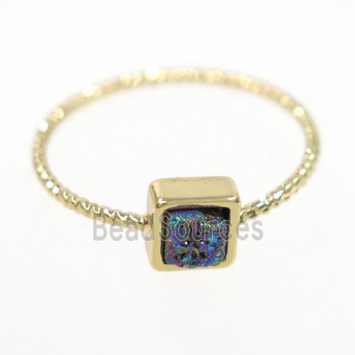 rainbow druzy quartz ring, square, gold plated