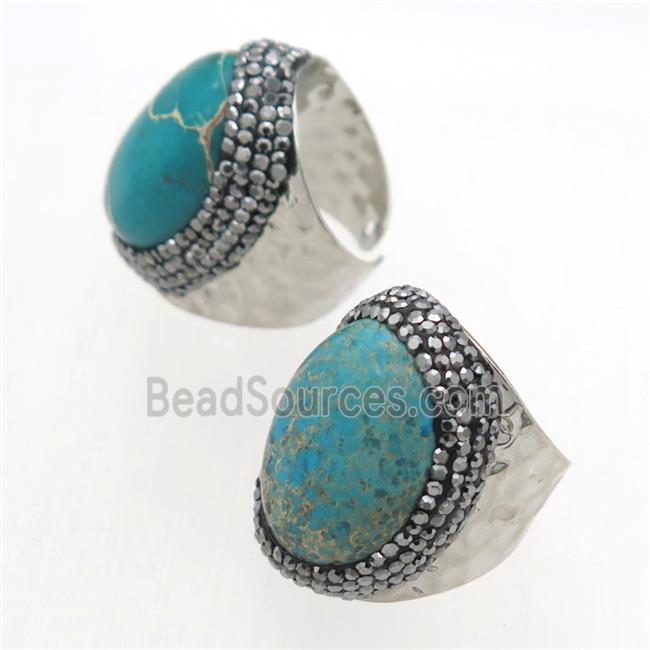 blue Imperial Jasper Rings paved rhinestone, copper, platinum plated