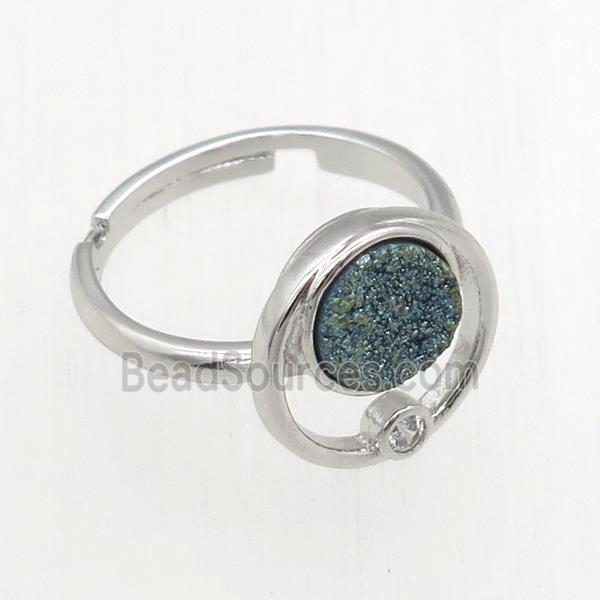 green Druzy Quartz Rings, copper, platinum plated