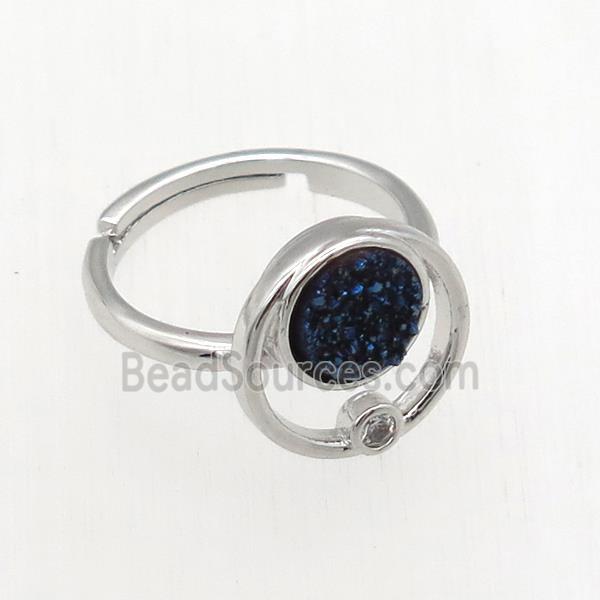 blue Druzy Quartz Rings, copper, platinum plated