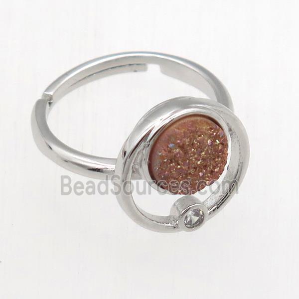 champagne Druzy Quartz Rings, copper, platinum plated