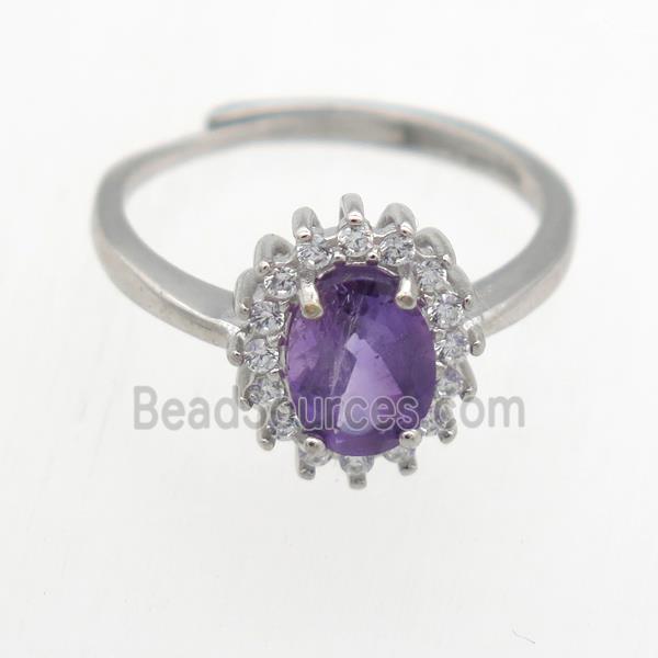 purple Amethyst Rings pave rhinestone, copper, platinum plated