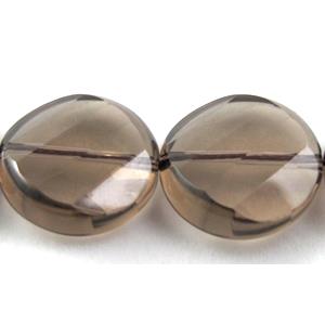 Smoky Quartz bead, faceted, twist flat round