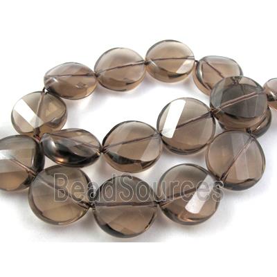 Smoky Quartz bead, faceted, twist flat round