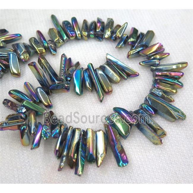 clear quartz bead, stick, freeform, polished, rainbow electroplated