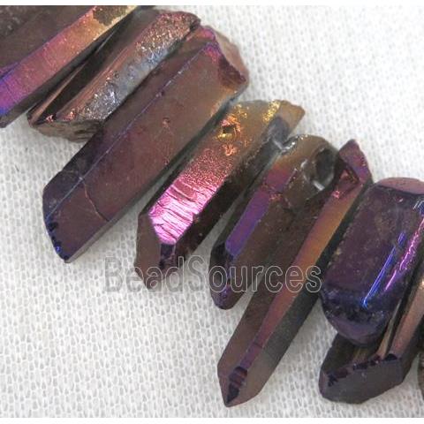 clear quartz bead, stick, freeform, purple electroplated