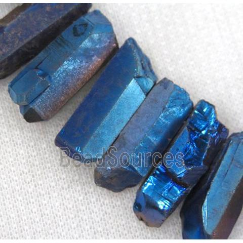 clear quartz bead, stick, freeform, blue electroplated