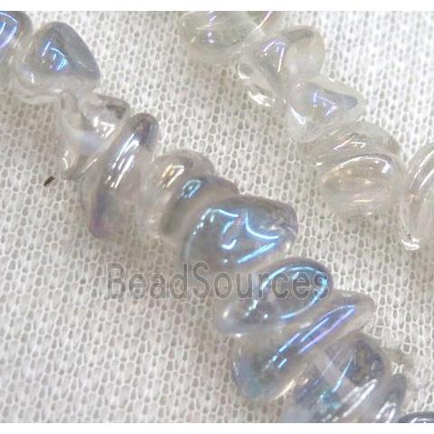 clear quartz chip bead, freeform, lt.blue electroplated