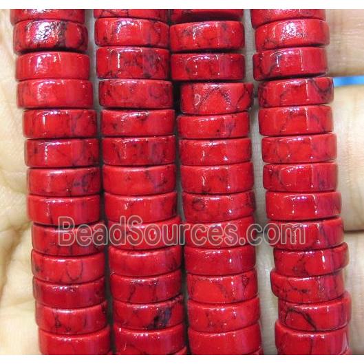 turquoise heishi beads, red, synthetic