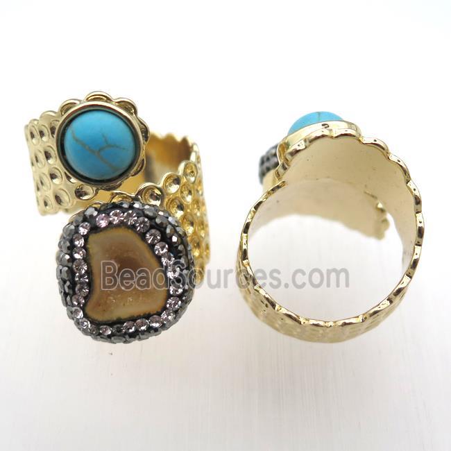 yellow Agate Druzy Rings paved rhinestone, copper, gold plated