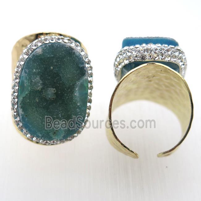 green Agate Druzy Rings paved rhinestone, copper, gold plated