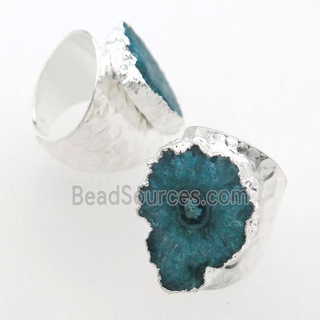 peacock green Solar Quartz Druzy Rings, silver plated