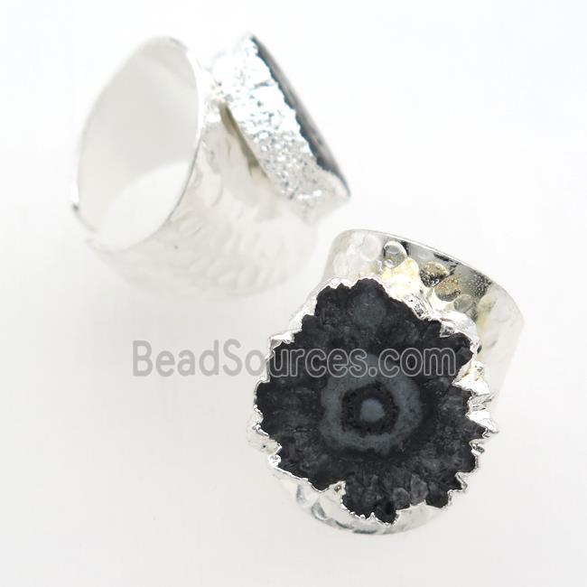 black Solar Quartz Druzy Rings, silver plated