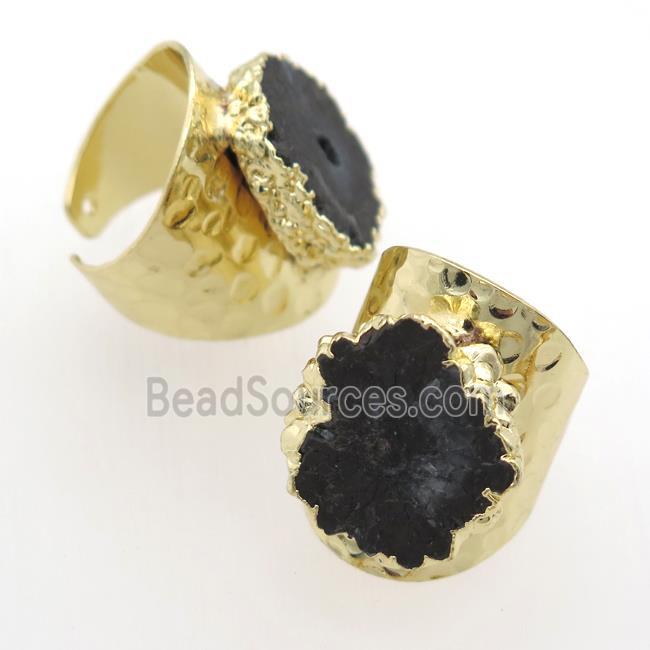 black Solar Quartz Druzy Rings, gold plated