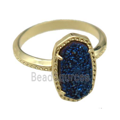 copper Rings with blue Quartz Druzy, gold plated